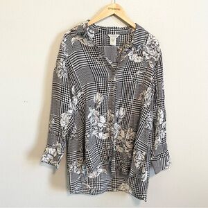 Multiples Black and White Floral Houndstooth Art to Wear Tunic Top Size Large